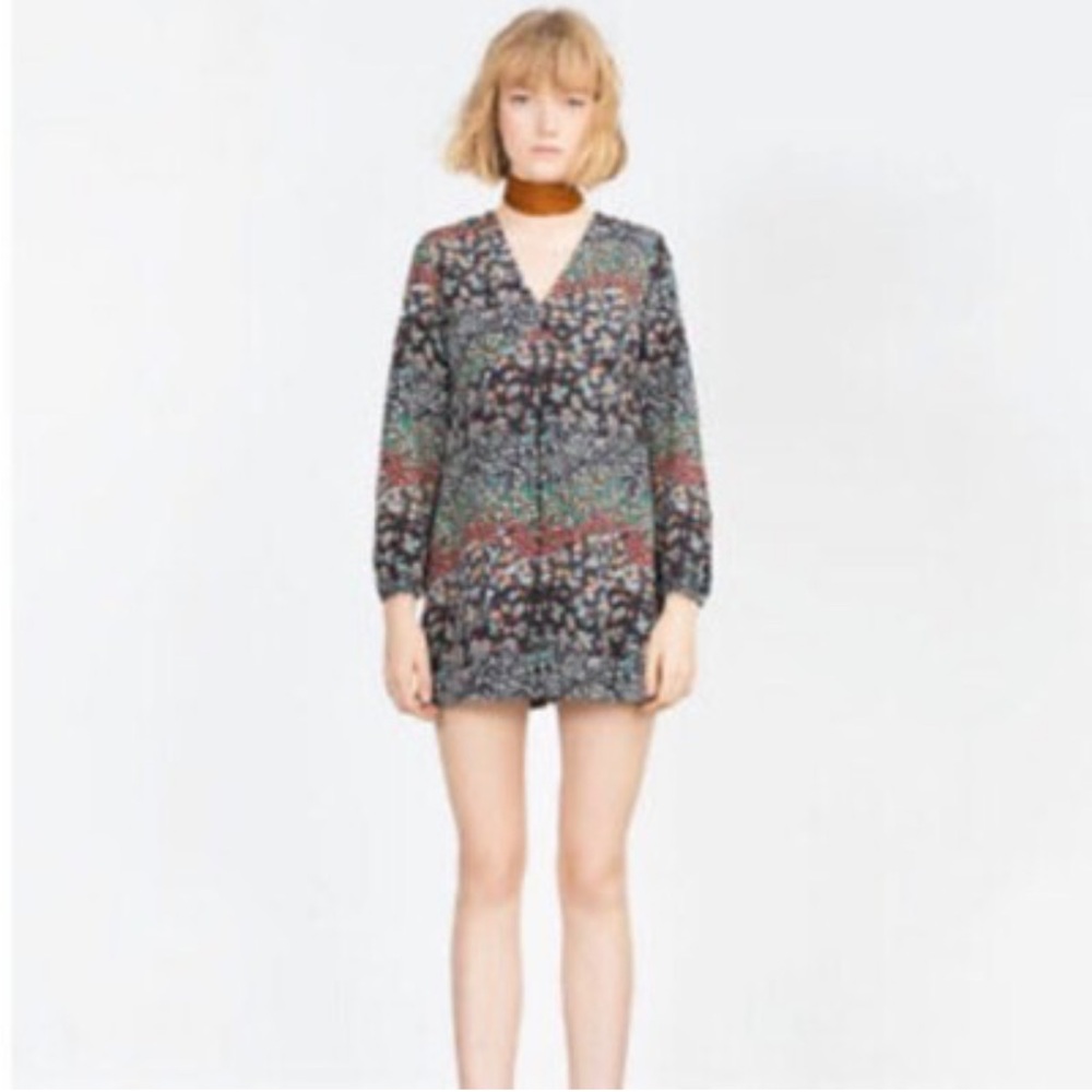Zara V Neck Multicolor Long Sleeve Boho Romper Medium - Picture 6 of 12